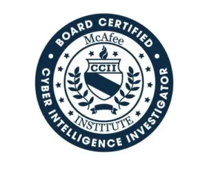 McAfee Institute Board Certified Cyber Intelligence Investigator badge.